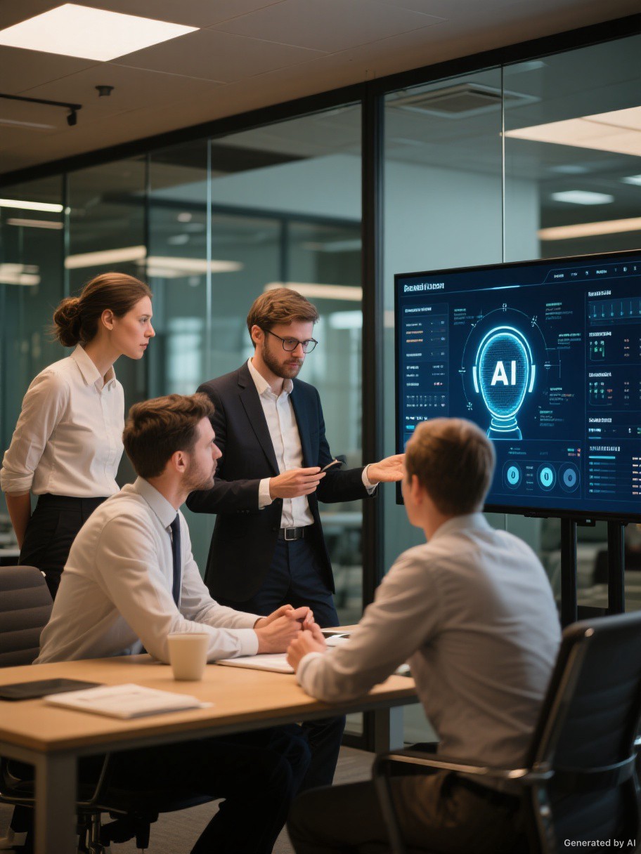 Business team collaborating with AI tools in a modern office