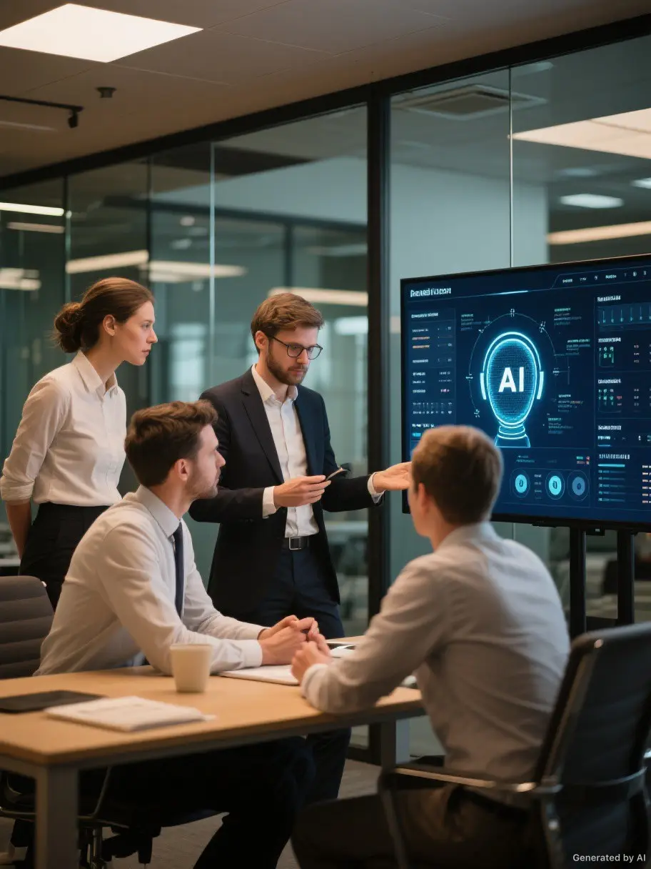 Business team collaborating with AI tools in a modern office